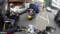Naughty biker in a real hurry. close call - pedestrian was lucky