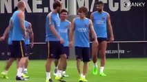 Luis Suarez And Lionel Messi Joking Together During Barcelona Training 2015