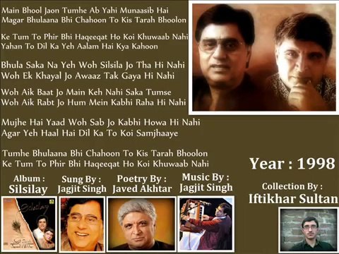 Main Bhool Jaon Tumhe Ab Yahi Munaasib Hai Sung By Jagjit Singh Album Silsilay Uploaded By Iftikhar