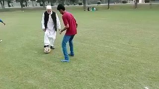 grandpa trolling young guy, football skills