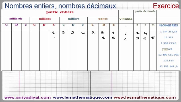 Maths 6ème - Nombres entiers et nombres décimaux Exercice 3