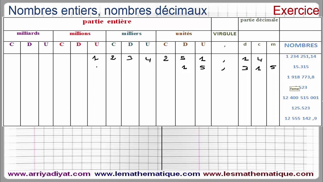 Maths 6ème - Nombres entiers et nombres décimaux Exercice 3