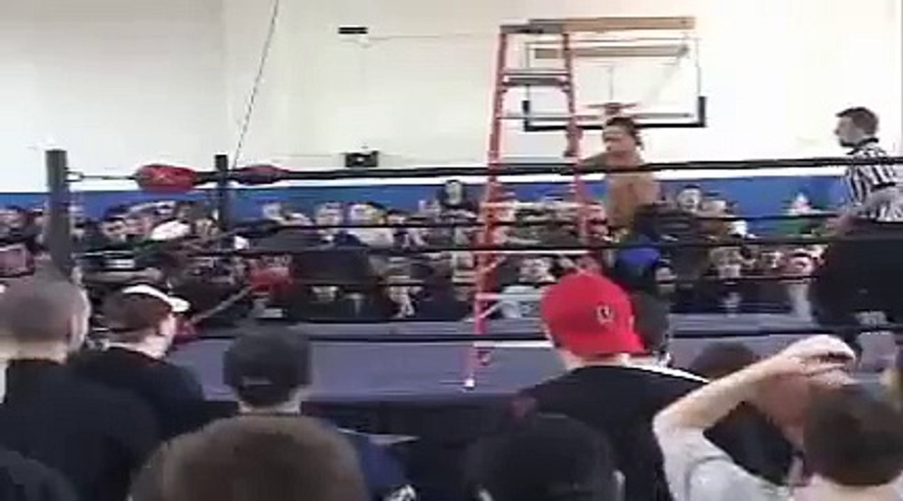 Riccochet does a double moonsault off the ladder