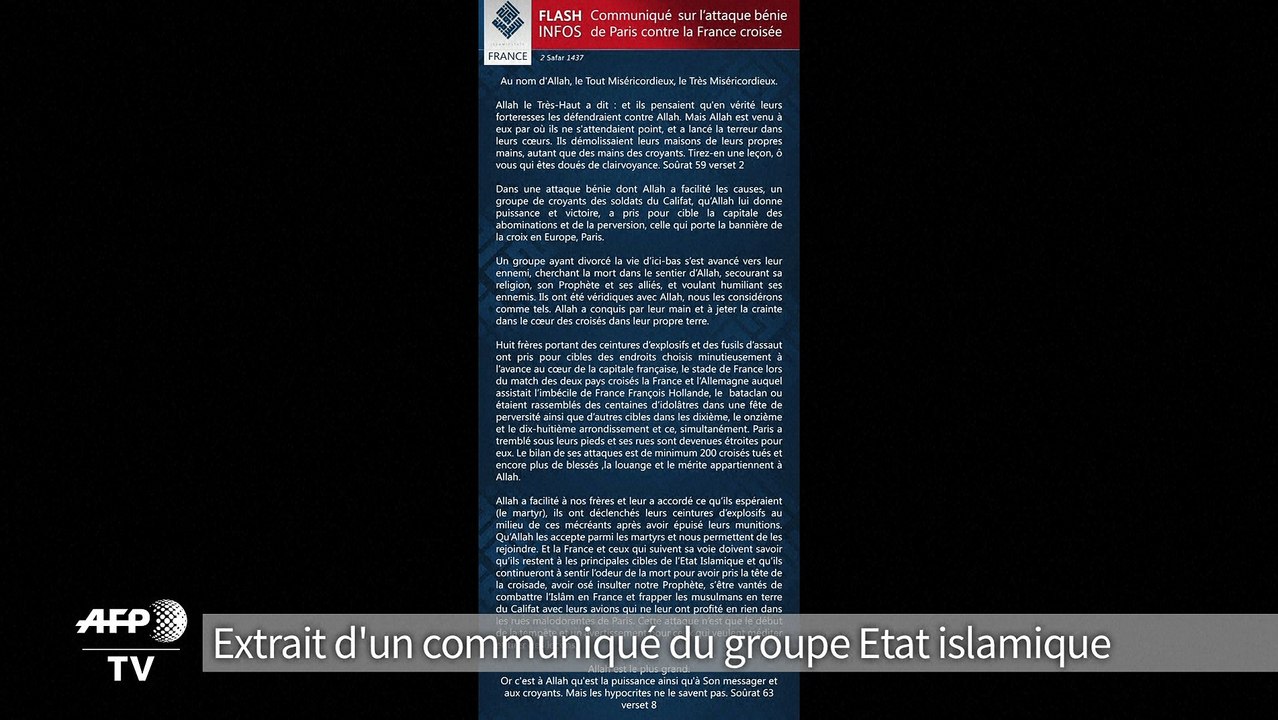Le groupe Etat islamique revendique les attentats de Paris