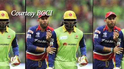 Oh No! Chris Gayle -Hits Yuvraj Singh- Bat