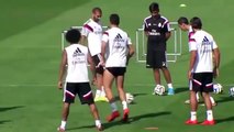 Cristiano Ronaldo flicks Angel di Maria the V in Madrid training