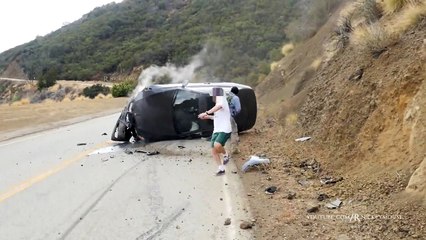 Car Crashes Hard into Hillside - 4K UHD