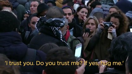 "I'm a Muslim and I'm told I'm a terrorist. I trust you. Do you trust me? If yes, hug me." #Paris