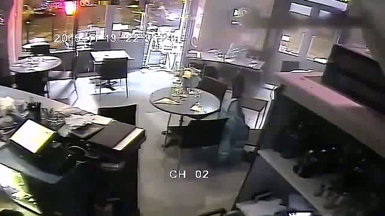 CCTV Footage - Woman Survives terrorist attack in Cafe - Paris Attack 13 November 2015