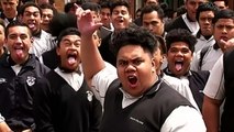 Students perform a haka Maori dance in memory of Jonah Lomu