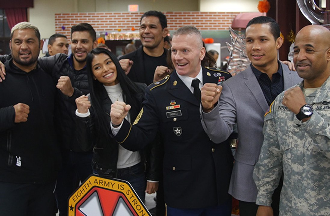 Command Sergeant Major John Wayne Troxell discusses link between military and UFC during Thanksgiving visit to Camp Yongsan