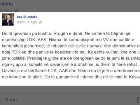 QEVERIA E RI NE KOSOVE KREU I LDK,ISA MUSTAFA OPTIMIST PER KRIJIMIN E KABINETIT TE RI LAJM