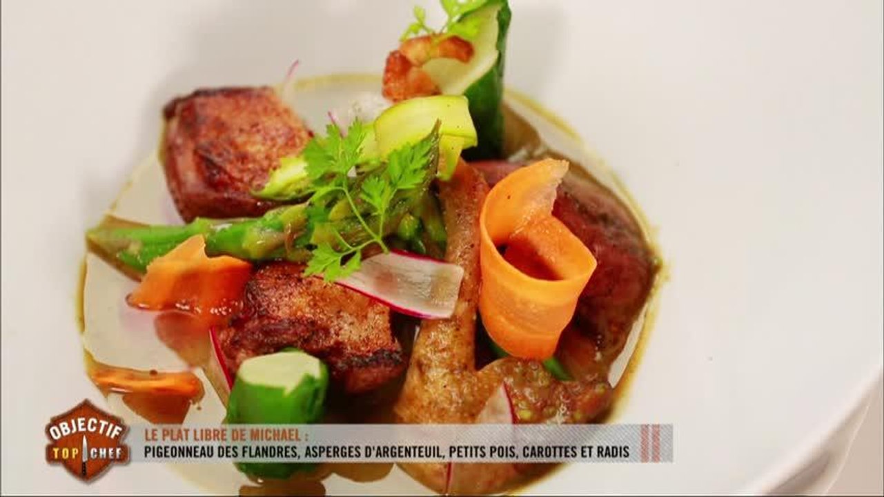Le plat libre de Michaël : pigeonneau des Flandres, asperges d'Argenteuil, petits pois, carottes et radis