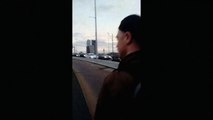 Bizarre skateboard stunt on bridge (goes wrong)