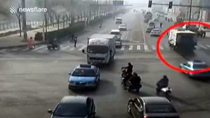Cars seem to levitate in bizarre accident