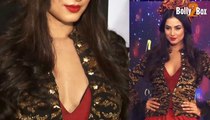 Jannat Actress Sonal Chauhan Hot In Deep V Neck red satin silk gown During Ramp Walk at Applause for A Cause Fashion Show