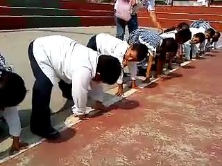 Cute little fat kid cheating on the race