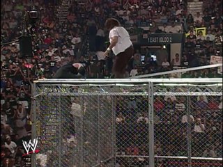 The Undertaker throws Mankind off the top of the Hell in a Cell