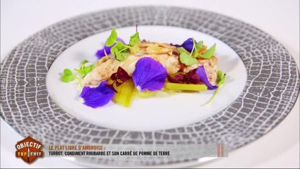 Le plat libre d'Ambroise : turbot, condiment rhubarbe et son carré de pomme de terre