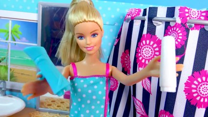 Barbie Doll Deluxe Bathroom with Shower Playset + Brushes Teeth, Playdoh Mask, Gets Ready
