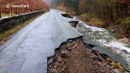 Main road in the Lake District, UK destroyed by Storm Desmond