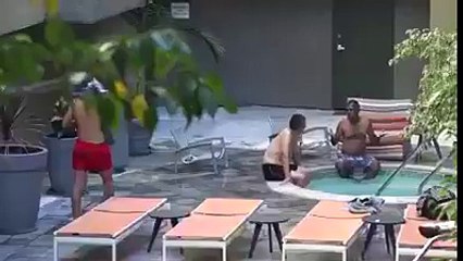 funny man throwing piece of cake on folks