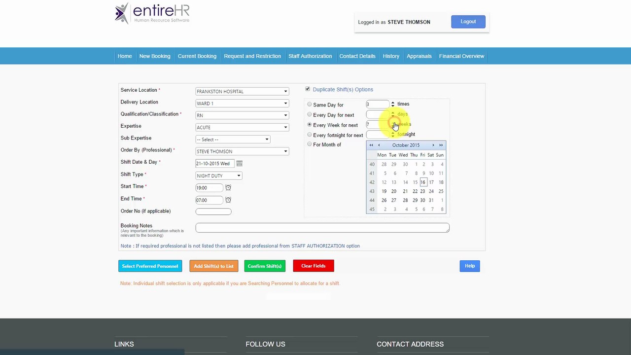 Client New Booking - EntireHR