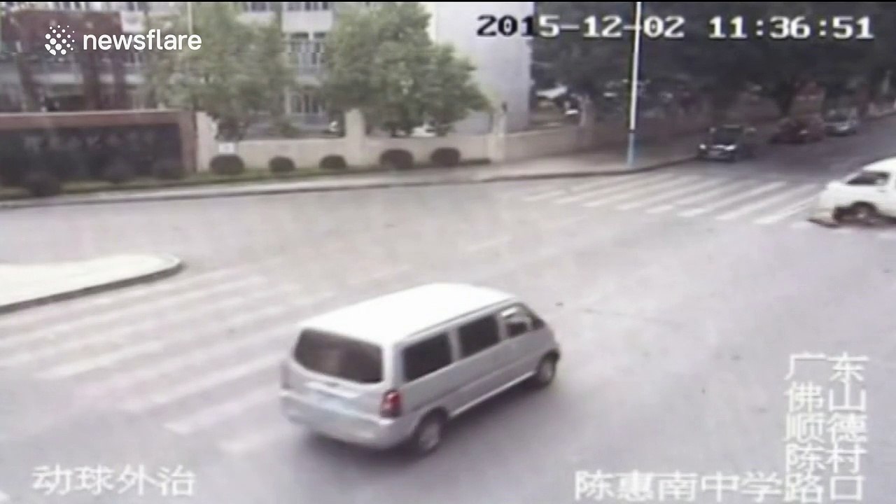 Scooter rider miraculously escapes being run over by out-of-control minibus