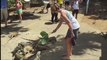 Cette fille nourrit des lézards et se fait attaquer par un canard