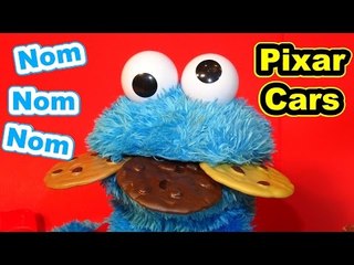 Cookie Monster Count and Crunch eats Pixar Cars Micro Drifters Lightning McQueen, Sally and Mater wi