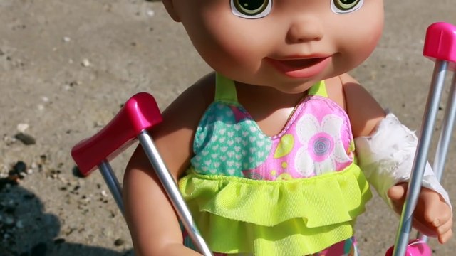 Baby Alive Doll on CRUTCHES Baby Beach Crazy Baby Boy Attack Hurt Doll Toy Video