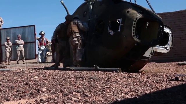 US Marines Crane Truck in Action Recovering Crashed Helicopter