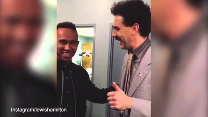 The moment Borat asks Lewis Hamilton if he is 'chocolate face'