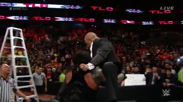 Roman Reigns PowerBomb and Elbow Drop To Triple H Through Announce Table at TLC 2015