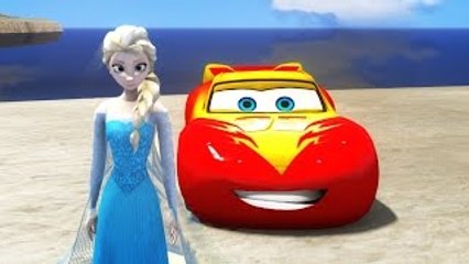 Snow Queen Elsa Frozen riding her Custom Lightning McQueen Cars in Red and Yellow HD 1080p