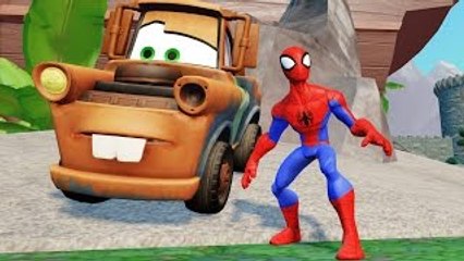 Kids Friendly Spider man, Tow Mater & VENOM Together For A Ride & Stunts Jumps in Cars & A