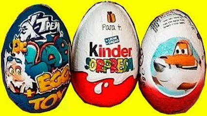 3 oeuf surprise, planes disney, kinder surprise egg et dr x trem lab egg + toy huevos sorp