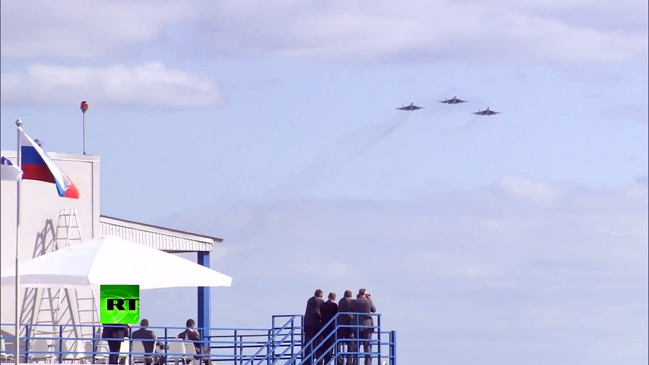 Three AWESOME Russian air force PAK FA T 50 in formation rival to US Air force F 22