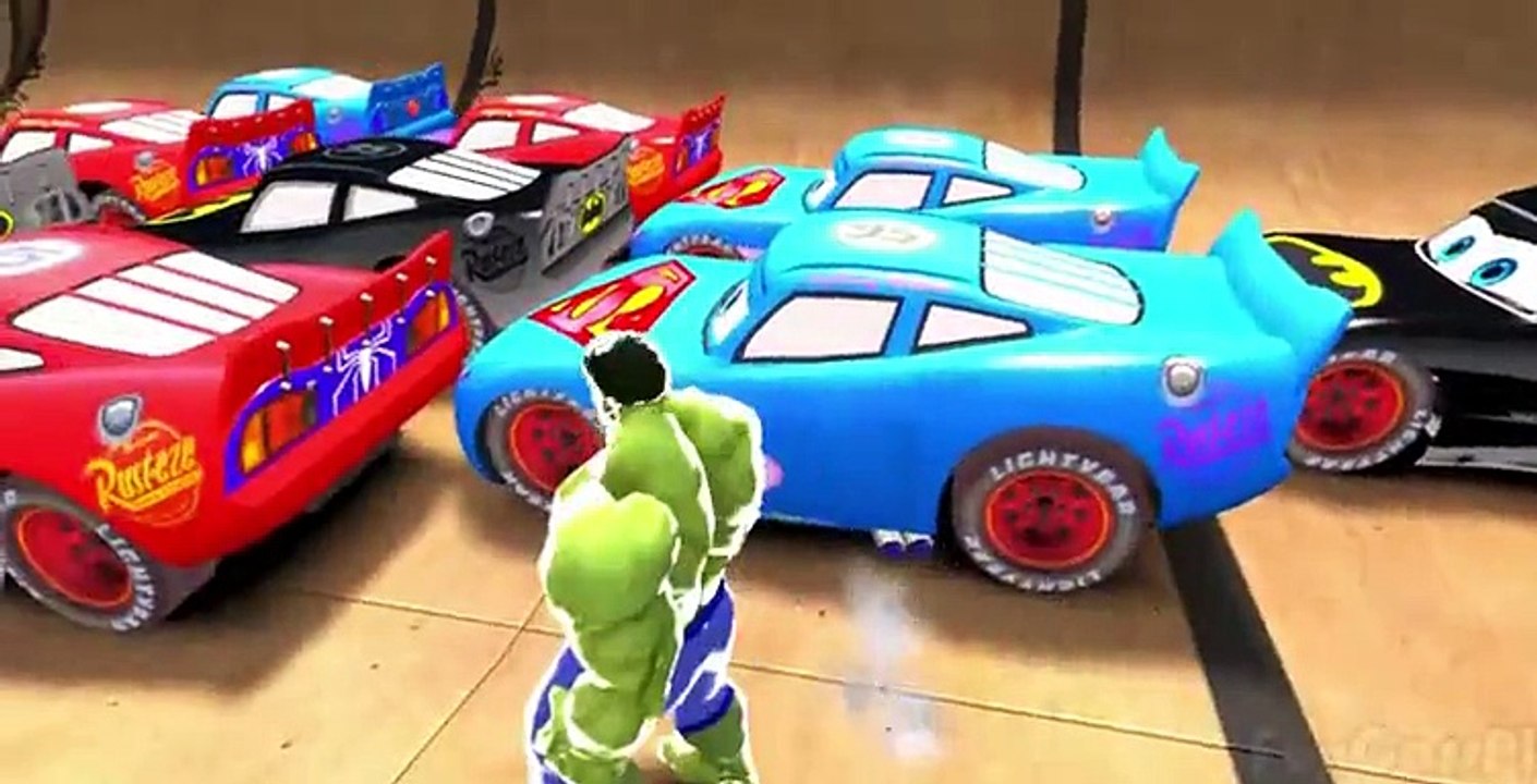 HULK plays with Spiderman, Superman and Batman Custom Lightning McQueen + Kids Songs