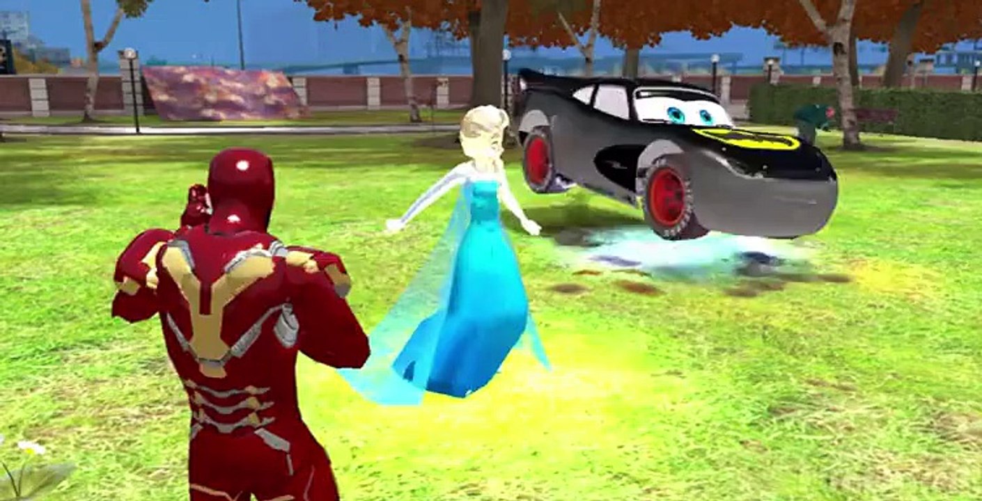 Elsa Frozen & Iron Man w/ their Custom Batman Lightning McQueen Cars (Marvel + Disney Superhero)