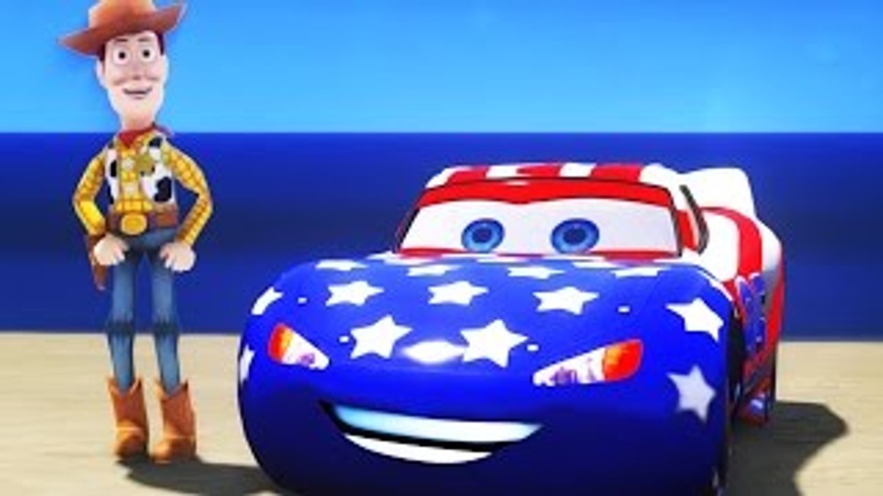 Toy Story Woody play with Lightning Mcqueen Cars Custom Color USA & Rayo Dinoco Disney Pix