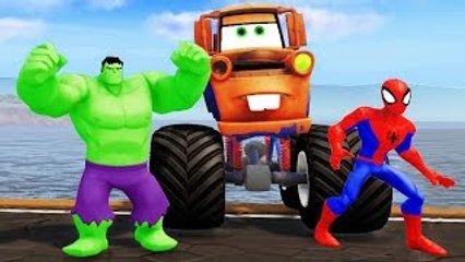 TOW MATER MONSTER TRUCK ! HULK & Spiderman + Nursery Rhymes (Songs for Kids Compilation)