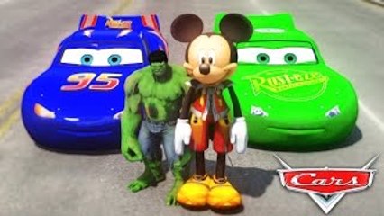 HULK & Mickey Mouse FUN!! Custom Green Lightning McQueen CARS Colors! + Children Songs & R