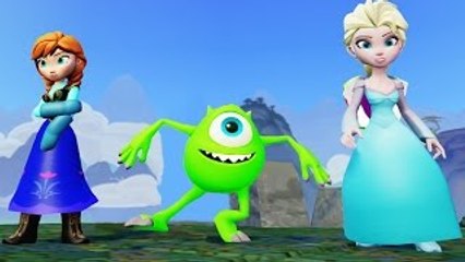 Frozen Elsa and Princess Anna meets Disney Monsters Inc. Mike
