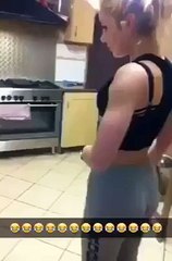 A girl`s exercise going to damage kitchen accessories?by fun and information