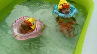 2 Month Old Twin Babies Swimming And Play Even Sleepy