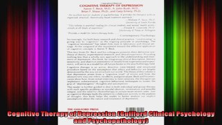 Cognitive Therapy of Depression Guilford Clinical Psychology and Psychopathology