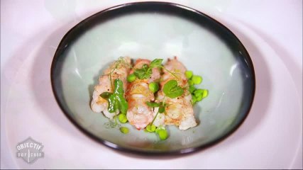 Le plat de Jules : langoustines laquées, petits pois et bouillon émulsionné