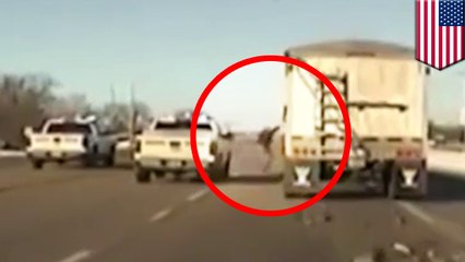 Hero cop jumps onto moving semi-truck to end police chase