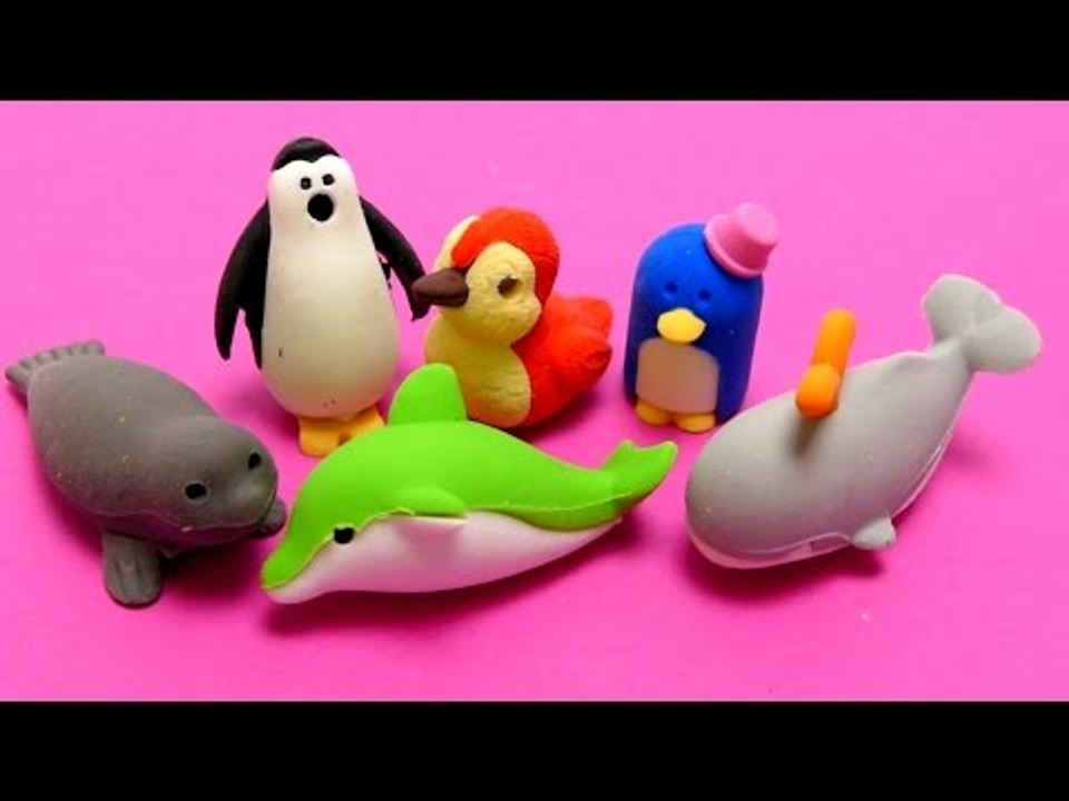 Kawaii Eraser Pole Edition Zoo Set - Whale, Dolphin, Penguin, Seal & Seagull